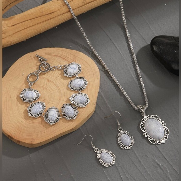 White Marbled Stone Necklace, Bracelet, and Earrings Set - Picture 6 of 6